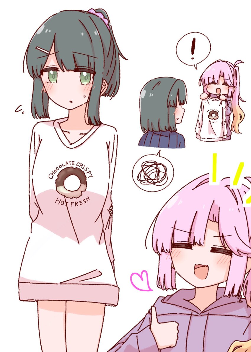 ! 2girls :d ^_^ ahoge anyoji_hime anyoji_hime_(winter_loungewear) black_hair blonde_hair blue_sweater blunt_bangs blunt_ends blush bob_cut breasts closed_eyes clothes_writing collarbone commentary_request cosplay donut_print english_text food_print gradient_hair green_eyes hair_intakes hair_ornament hairclip highres holding holding_shirt holding_unworn_clothes hood hoodie link!_like!_love_live! long_hair love_live! medium_breasts momiji_(moj_0404) momose_ginko momose_ginko_(winter_loungewear) multicolored_hair multiple_girls open_mouth oversized_clothes oversized_shirt pink_hair ponytail print_shirt purple_hoodie ribbed_sweater sakurai_hina sakurai_hina_(cosplay) shirt short_hair sidelocks smile speech_bubble spoken_exclamation_mark spoken_squiggle squiggle sweater swept_bangs unworn_shirt v-neck very_long_hair virtual_youtuber voice_actor_connection white_shirt