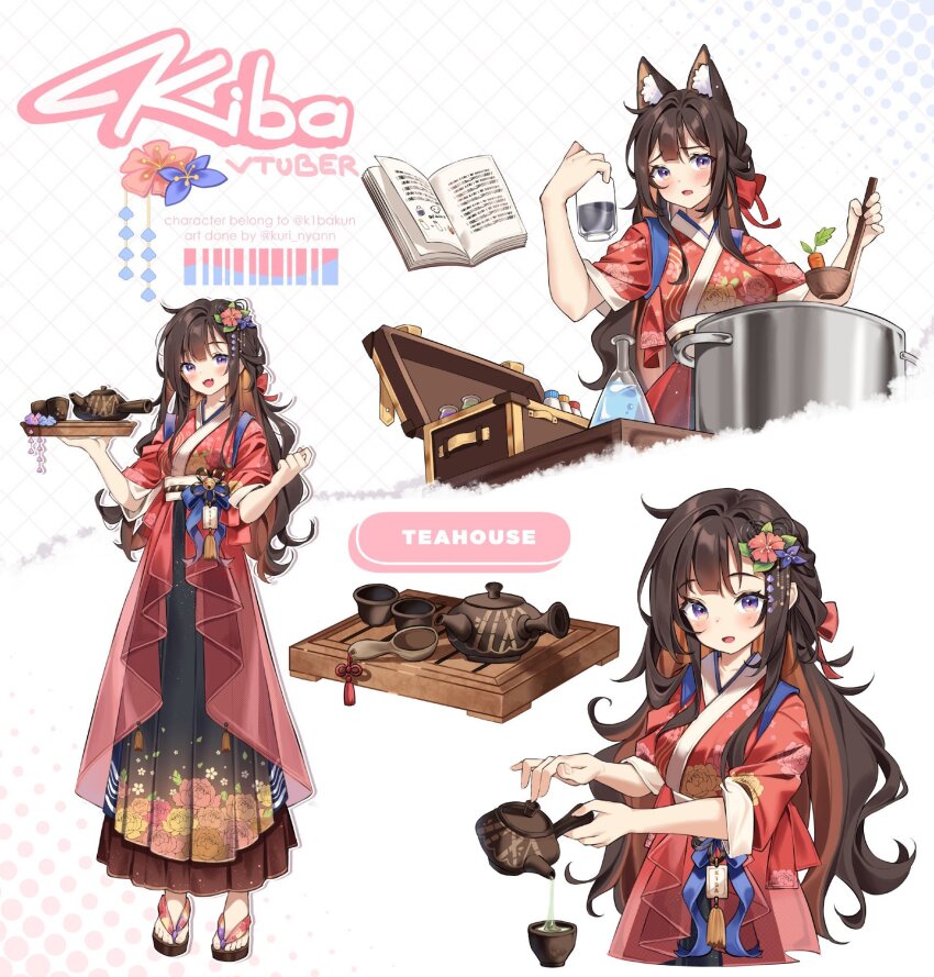 1girl animal_ear_fluff animal_ears beaker book bottle bow brown_hair cat_ears cat_girl character_name colored_inner_hair commentary commission cooking cooking_pot cup english_commentary english_text floral_print flower hair_bow hair_flower hair_ornament hakama hakama_skirt highres holding holding_bottle holding_ladle holding_teapot holding_tray indie_virtual_youtuber japanese_clothes kiba_(k1bakun) kimono kuri_(animejpholic) ladle long_hair looking_at_viewer multicolored_hair multiple_views obi open_book open_mouth pouring purple_eyes red_bow red_kimono sash second-party_source simple_background skirt tea teacup teapot tray white_background