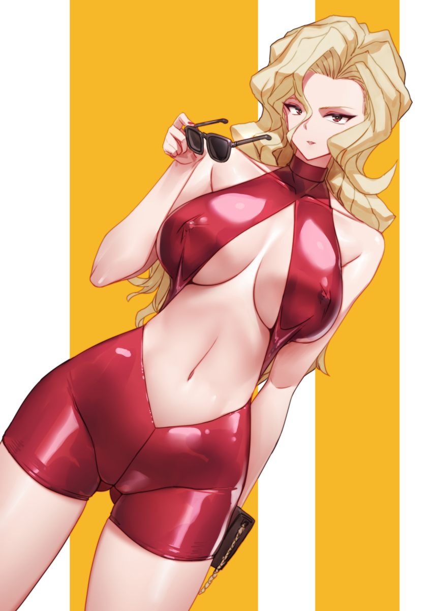 1girl blonde_hair bodysuit breasts breasts_apart center_opening covered_erect_nipples dutch_angle gluteal_fold golden_boy highres large_breasts long_hair looking_at_viewer onna_shachou qingmingtongzi red_bodysuit red_eyes removing_eyewear solo sunglasses