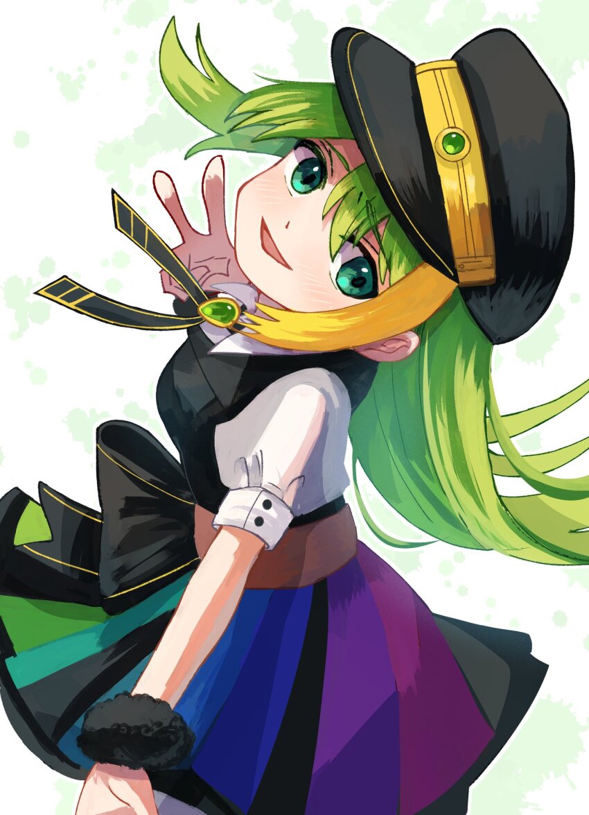 1girl alina_gray black_hat black_vest gradient_clothes gradient_skirt green_eyes green_hair hat highres long_hair mahou_shoujo_madoka_magica mahou_shoujo_madoka_magica_magia_exedra peaked_cap plusplushm shirt short_sleeves skirt solo vest white_shirt