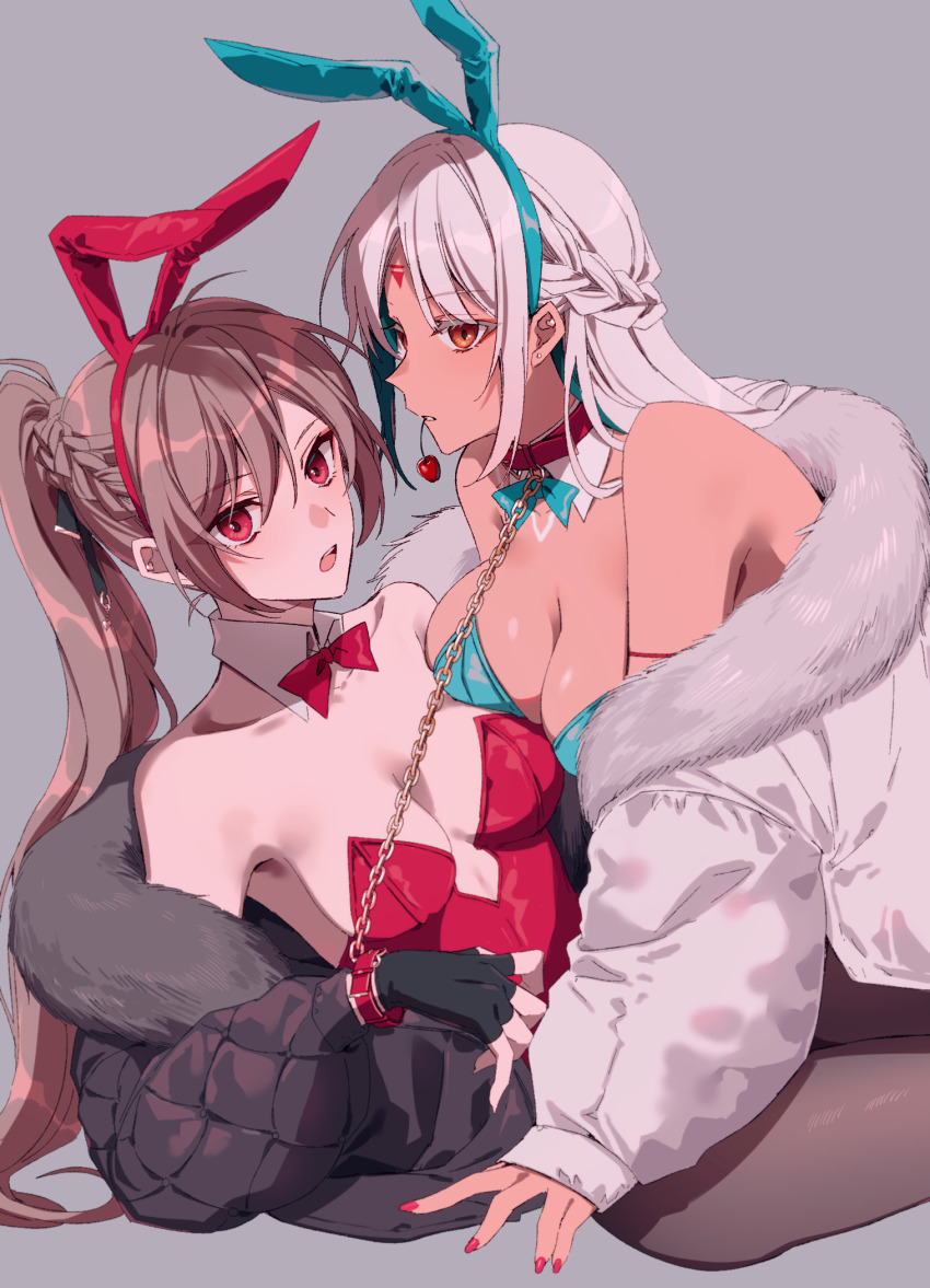 2girls amazuki_jou animal_ear_hairband animal_ears aqua_hairband aqua_leotard azur_lane black_gloves black_pantyhose bow bowtie breasts brown_hair cleavage detached_collar fake_animal_ears fingerless_gloves gloves grey_background hairband highres holding holding_leash jean_bart_(azur_lane) leash leotard long_hair looking_at_viewer massachusetts_(azur_lane) mouth_hold multiple_girls open_mouth pantyhose playboy_bunny ponytail rabbit_ears red_bow red_bowtie red_eyes red_hairband red_leotard simple_background traditional_bowtie white_hair yuri