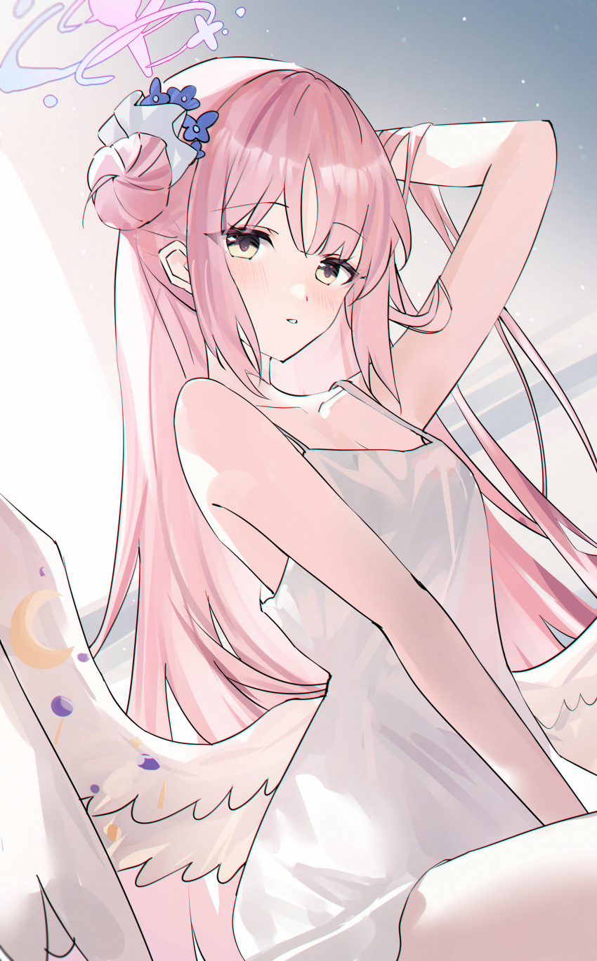 1girl absurdres bare_shoulders blue_archive camisole collarbone commentary dutch_angle feathered_wings hair_ornament hair_scrunchie halo hand_in_own_hair highres long_hair looking_at_viewer mika_(blue_archive) pink_hair pink_halo scrunchie solo usagi_(786113654) very_long_hair white_camisole white_scrunchie white_wings wings yellow_eyes