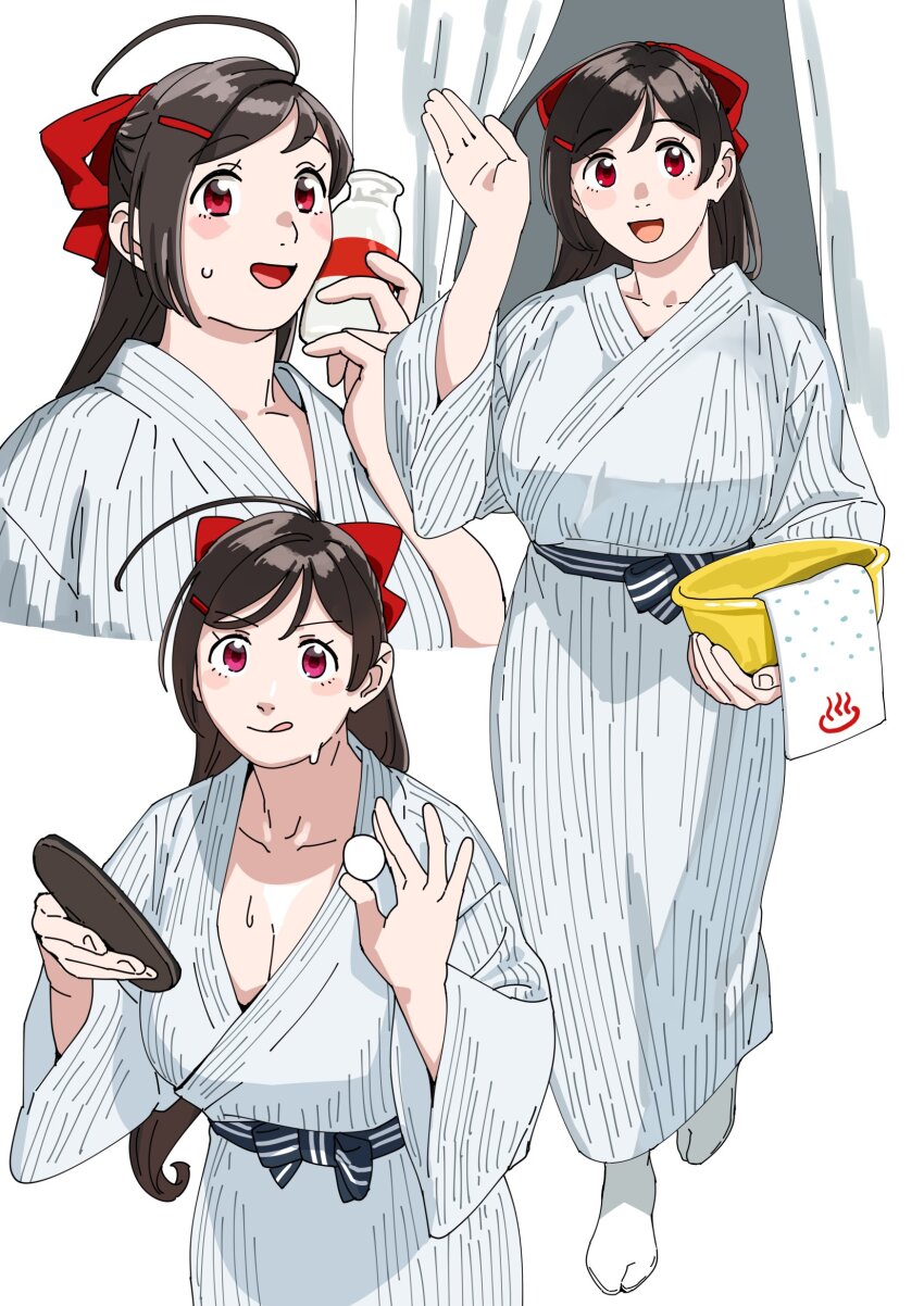 1girl ball basin bath_yukata bottle breasts brown_hair cleavage cowboy_shot curtains full_body hair_ornament hair_ribbon hairclip highres japanese_clothes kantai_collection kimono large_breasts long_hair mamiya_(kancolle) milk milk_bottle multiple_views ojipon paddle red_eyes ribbon standing sweater table_tennis_ball table_tennis_paddle upper_body waving white_kimono yukata