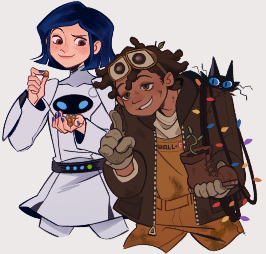 1boy 1girl adapted_costume animal animal_on_shoulder belt black_belt black_cat black_hair blue_eyes blue_hair blue_nails blunt_ends blush bob_cut bomber_jacket boots brown_belt brown_eyes brown_gloves brown_jacket brown_overalls brown_shirt carrying_over_shoulder cat cat_on_shoulder christmas_lights commentary coraline coraline_(film) coraline_jones cosplay cropped_legs dark-skinned_male dark_skin dirty dirty_clothes dirty_face dreadlocks eve_(wall-e) eve_(wall-e)_(cosplay) freckles gloves goggles goggles_on_head half-closed_eyes halloween halloween_costume highres holding holding_boots holding_footwear holding_plant holding_unworn_clothes index_finger_raised jacket kitt_arts leather leather_jacket light_blush long_sleeves looking_ahead looking_at_another looking_to_the_side nail_polish open_clothes open_jacket overalls pants personification plant pointing pointing_up raised_eyebrow shirt short_hair side-by-side single_boot standing swept_bangs symbol-only_commentary unworn_boots unworn_footwear unzipped wall-e wall-e_(character) wall-e_(character)_(cosplay) white_background white_jacket white_pants work_boots work_gloves wybie_lovat zipper zipper_pull_tab
