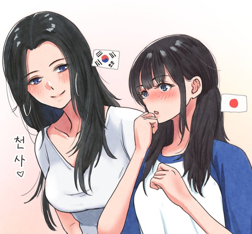 2girls anjinneko black_hair blue_eyes blush earrings female_focus happy hoop_earrings japan-korea_yuri_(meme) japanese_flag japanese_text jewelry long_hair looking_at_another multiple_girls open_mouth shirt smile south_korean_flag standing translation_request yuri