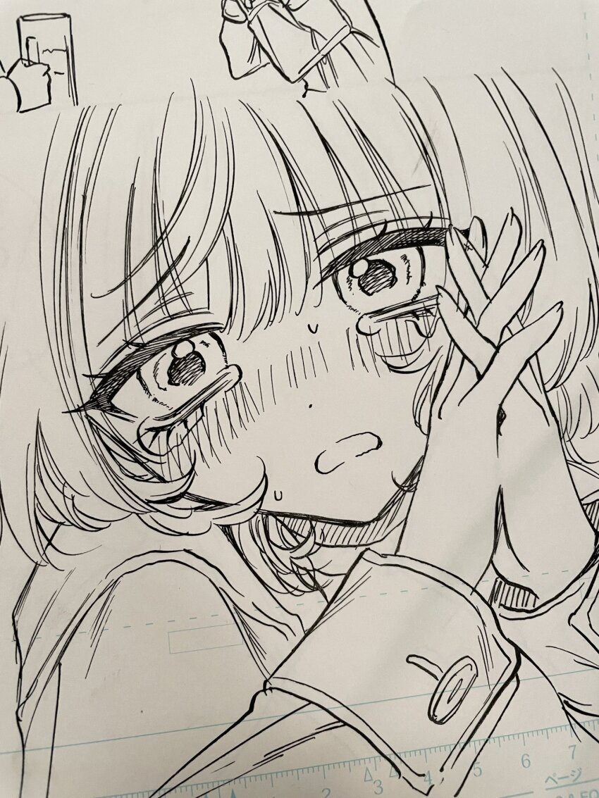 1girl akiyama_enma blush collared_jacket commentary_request greyscale highres interlocked_fingers jacket lineart long_sleeves looking_at_viewer manuscript_paper monochrome nib_pen_(medium) noa-senpai_wa_tomodachi. nose_blush open_mouth own_hands_together pen_(medium) photo_(medium) portrait saotome_noa short_hair solo traditional_media unfinished