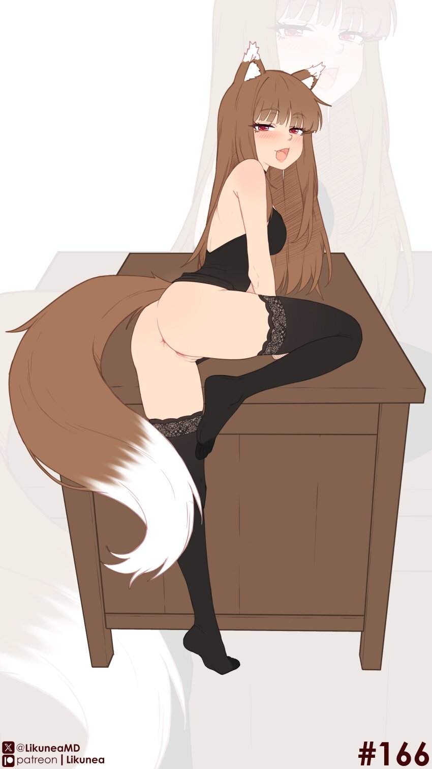 1girl absurdres animal_ears anus ass black_dress black_thighhighs blush breasts brown_hair commentary dress english_commentary fang highres holo likunea long_hair looking_at_viewer medium_breasts open_mouth patreon_logo patreon_username pussy red_eyes simple_background solo spice_and_wolf table tail thighhighs twitter_username twitter_x_logo uncensored white_background wolf_ears wolf_girl wolf_tail
