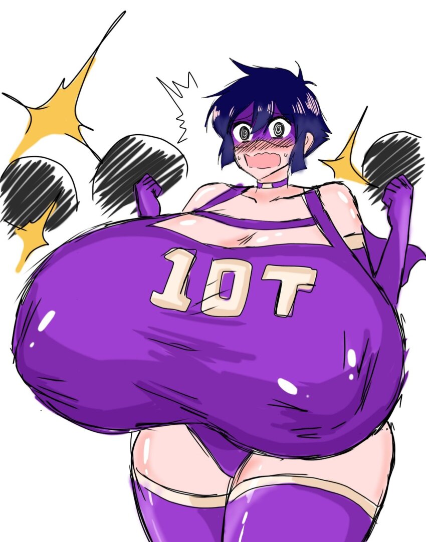 10-ton 1girl @_@ bare_shoulders black_eyes boku_no_hero_academia breasts cleavage collarbone cowboy_shot female_focus gigantic_breasts highres leotard looking_at_viewer momijizx open_mouth purple_hair purple_leotard shiny_clothes shiny_skin short_hair simple_background solo thick_thighs thighs w_arms wavy_mouth white_background