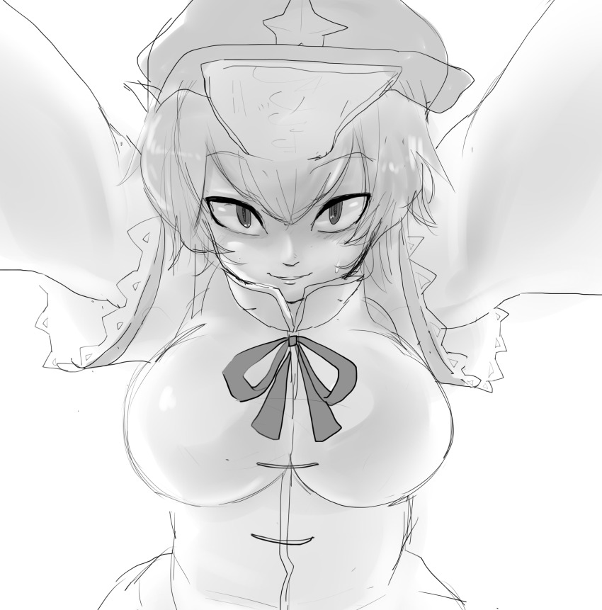 1girl absurdres blush breasts cabbie_hat chinese_clothes commentary_request greyscale hat hat_ornament highres jiangshi kabedon_on_viewer lace-trimmed_sleeves lace_trim large_breasts looking_at_viewer miyako_yoshika monochrome ofuda outstretched_arms short_hair short_sleeves solo star_(symbol) star_hat_ornament tangzhuang touhou unimamo upper_body zombie_pose