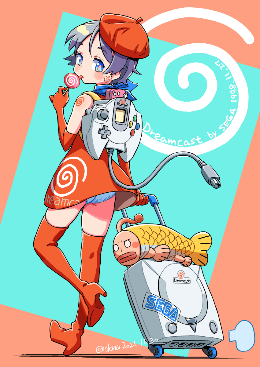 1girl absurdres anniversary artist_name ass beret black_hair blue_eyes blue_panties blue_scarf boots cable candy character_doll commentary controller dated doll dreamcast_controller dress earrings elbow_gloves food full_body game_console game_controller gloves hand_up hat high_heel_boots high_heels highres holding holding_candy holding_food holding_lollipop holding_suitcase isedaichi_ken jewelry licking lollipop looking_at_viewer looking_back orange_boots orange_dress orange_gloves orange_hat panties pantyshot personification pink_pupils puff_of_air rolling_suitcase scarf seaman seaman_(game_character) sega sega_dreamcast sega_dreamcast_logo shadow short_hair shoulder_tattoo skindentation sleeveless sleeveless_dress solo spiral standing standing_on_one_leg suitcase swirl_lollipop tattoo thigh_boots twitter_username underwear upskirt vmu