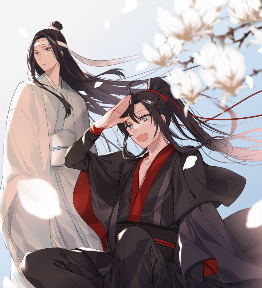 2boys :d absurdres ahoge arm_at_side black_hair black_hanfu black_pants black_robe blue_sky blurry blurry_foreground branch chinese_clothes day depth_of_field falling_petals feet_out_of_frame floating_hair flower grey_eyes hair_ribbon hand_up hanfu headband high_ponytail highres hyottokoane lan_wangji layered_sleeves long_hair long_sleeves looking_afar male_focus modao_zushi multiple_boys open_mouth outdoors pants petals ponytail red_ribbon ribbon robe salute sash sidelocks sitting sky smile standing topknot very_long_hair wei_wuxian white_flower white_hanfu white_headband white_robe wide_sleeves wind xiao_guan_(headdress)