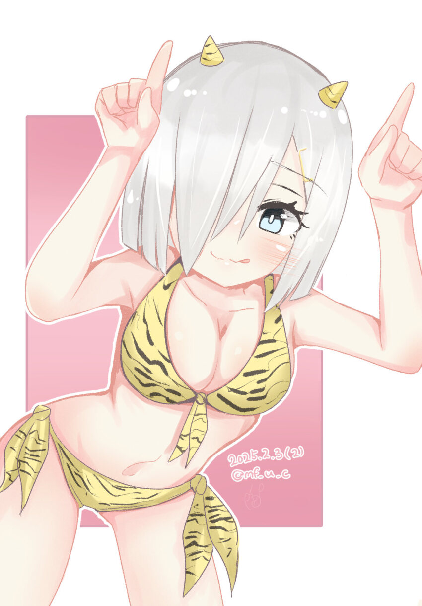 1girl animal_print bikini blue_eyes breasts cleavage cone_horns dated front-tie_bikini_top front-tie_top grey_hair hair_ornament hair_over_one_eye hairclip hamakaze_(kancolle) highres horns horns_pose kantai_collection large_breasts mf_u_c one-hour_drawing_challenge pink_background short_hair side-tie_bikini_bottom solo swimsuit tiger_print twitter_username yellow_bikini