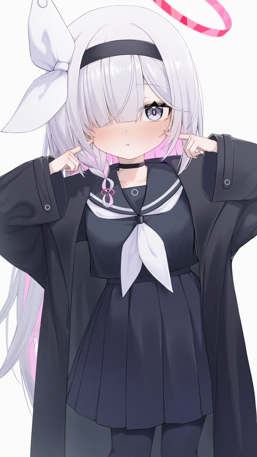 1girl :t absurdres black_coat black_headband black_serafuku black_shirt black_skirt blue_archive blush coat collarbone colored_inner_hair commentary cowboy_shot grey_eyes hair_over_one_eye halo headband highres long_hair long_sleeves looking_at_viewer multicolored_hair neckerchief number-only_commentary open_clothes open_coat pink_hair pink_pupils plana_(blue_archive) pleated_skirt pointing pointing_at_self red_halo school_uniform serafuku shirt simple_background skirt solo very_long_hair wendao white_background white_hair white_neckerchief