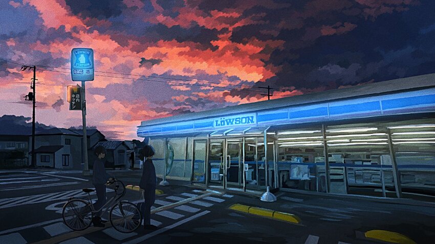 2boys banakotakemaru bicycle brand_name_imitation building cloud cloudy_sky commentary_request convenience_store multiple_boys orange_sky original outdoors parking_lot power_lines scenery shop sign sky utility_pole