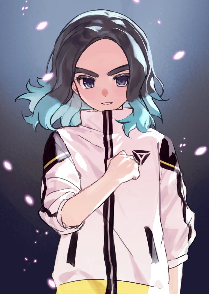 1boy aqua_hair black_hair blue_eyes clenched_hand highres inazuma_eleven_(series) inazuma_eleven_victory_road jacket kyuuden_mikan looking_at_viewer male_focus medium_hair multicolored_hair sasanami_unmei solo two-tone_hair white_jacket