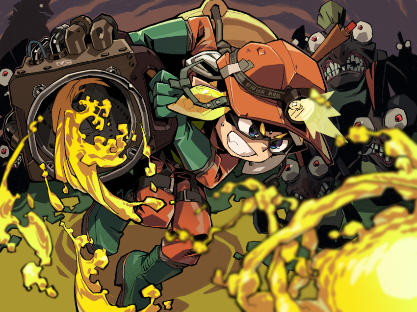 1other :d blonde_hair blue_eyes bulging_eyes chum_(splatoon) clenched_teeth cohock_(splatoon) cohozuna_(splatoon) colored_skin fighting full_body gloves green_gloves green_shoes grey_skin hard_hat headlamp helmet highres inkling inkling_player_character innertube jumpsuit mohawk multiple_others night nintendo open_mouth orange_jumpsuit paint red_eyes red_hair salmon_run_(splatoon) salmonid shoes slosher_(splatoon) smile splatoon_(series) suzuhara_kenji sweat swim_ring teeth