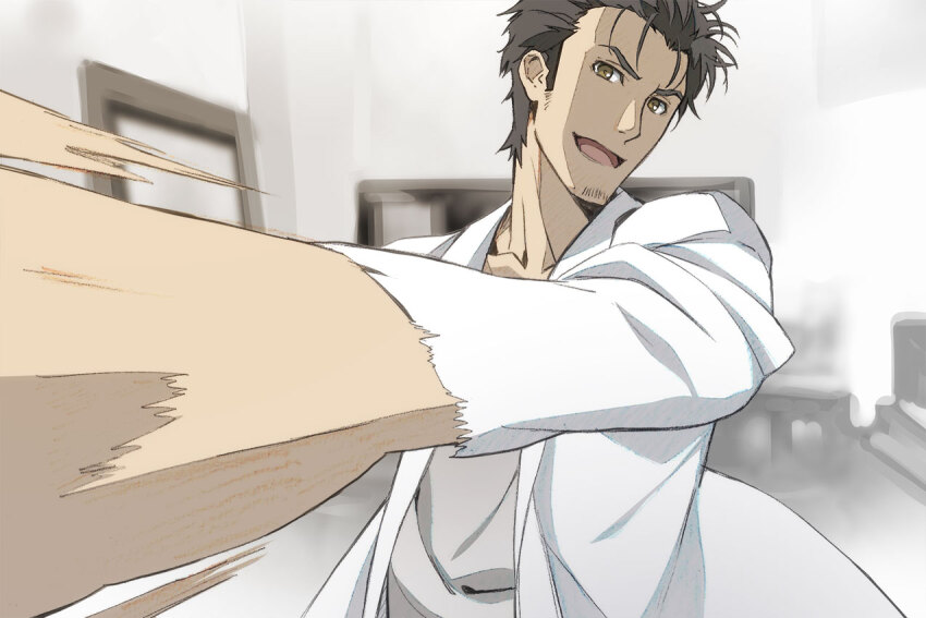 1boy bad_tag beard_stubble black_hair chuunibyou commentary_request facial_hair indoors lab_coat long_sleeves looking_at_viewer mad_scientist male_focus ny0r0ny0r0 okabe_rintarou open_mouth outstretched_arms science_adventure shirt short_hair smile solo steins;gate stubble tongue