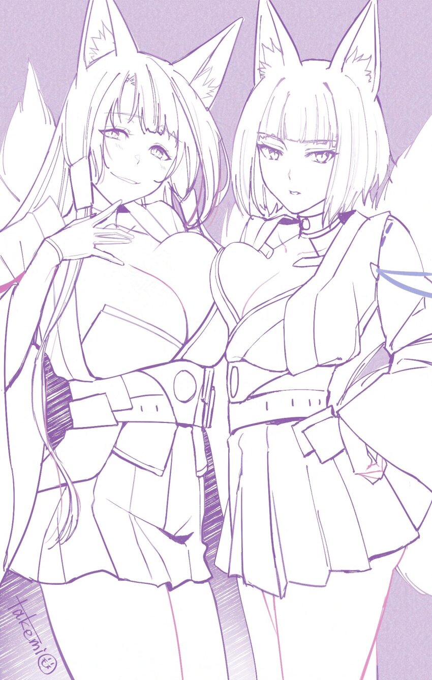 2girls akagi_(azur_lane) alt_text animal_ear_fluff animal_ears artist_name asymmetrical_docking azur_lane breast_press breasts commentary_request cowboy_shot fox_ears fox_girl fox_tail grin hand_on_own_chest hand_on_own_hip haori highres japanese_clothes kaga_(azur_lane) kimono large_breasts long_hair looking_at_viewer miniskirt monochrome multiple_girls parted_lips pleated_skirt purple_background raised_eyebrow skirt smile tail takemi_mochi thighs