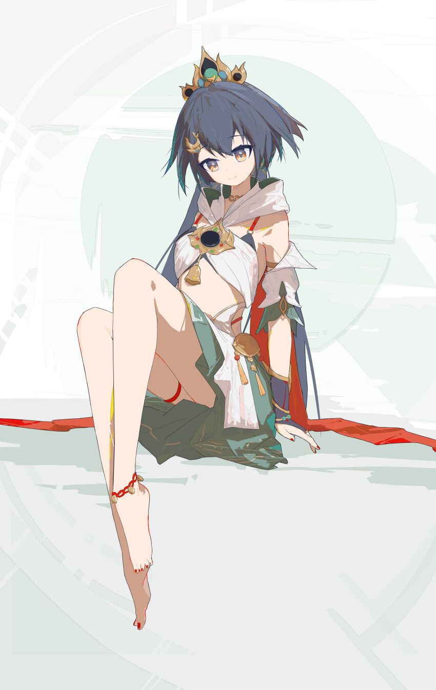 1girl absurdres barefoot bell blue_hair brown_eyes chinese_clothes closed_mouth dress eyebrows_hidden_by_hair flat_chest full_body hair_ornament highres honkai:_star_rail honkai_(series) kbkita knees_up long_hair looking_down nail_polish simple_background sitting smile solo thigh_strap toenail_polish toenails very_long_hair white_background white_dress yunli_(honkai:_star_rail)