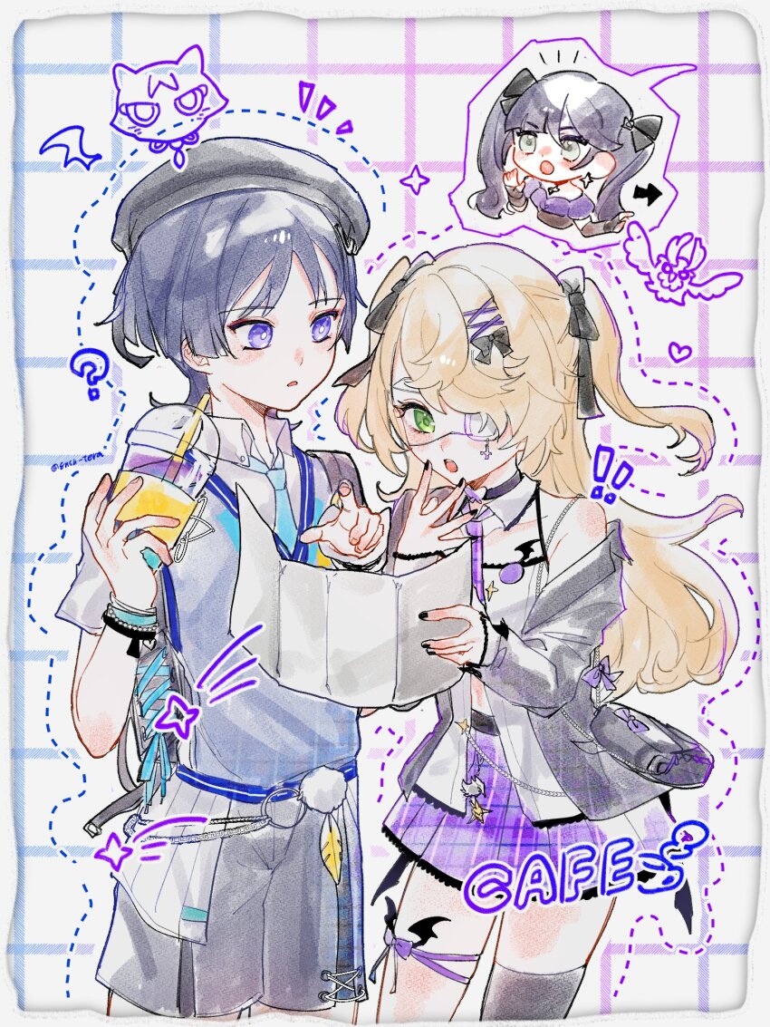 ! !! 1boy 2girls ^^^ alternate_costume aqua_necktie aqua_trim bag bat_wings bead_bracelet beads beret black_bag black_bow black_choker black_gloves black_hair black_hat black_jacket black_nails black_thighhighs blonde_hair blunt_bangs blunt_ends bow bracelet bug butterfly butterfly_choker camisole checkered_background choker coffee collar collared_shirt contemporary cross_ornament cup detached_collar disposable_cup drawn_heart drawn_star drawn_wings dress drinking_straw earrings elbow_gloves english_text eyeliner eyepatch eyeshadow feathers fingerless_gloves fischl_(genshin_cafe_in_seoul)_(genshin_impact) fischl_(genshin_impact) frilled_skirt frills front_slit genshin_impact gloves gnsn_tera green_eyes grey_eyes grey_shorts grey_sleeves grey_sweater grey_vest hair_between_eyes hair_bow hair_ornament hairclip handbag hat highres holding holding_cup holding_map iced_coffee insect jacket jewelry layered_sleeves light_blush long_hair looking_at_another makeup map medical_eyepatch midriff_peek mona_(genshin_impact) multiple_girls necktie official_alternate_costume open_clothes open_hand open_jacket open_mouth oz_(genshin_impact) parted_bangs plaid_clothes plaid_skirt pointing pointing_at_object pointing_to_the_side pom_pom_(clothes) purple_bow purple_butterfly purple_dress purple_eyes purple_hair purple_necktie purple_skirt purple_sleeves purple_trim red_choker red_eyeliner red_eyeshadow scaramouche_(cat)_(genshin_impact) scaramouche_(genshin_impact) shirt shooting_star short_sleeves shorts sidelocks single_off_shoulder single_thighhigh skirt spaghetti_strap spoken_character star_(symbol) star_choker star_earrings strapless strapless_dress sweater sweater_vest teeth thigh_bow thighhighs twintails twitter_username two_side_up upper_teeth_only vest wanderer_(genshin_impact) wanderer_(mega_mgc_coffee)_(genshin_impact) white_camisole white_collar white_shirt white_sleeves white_undershirt wing_ornament wings wrist_cuffs wristband yellow_feathers