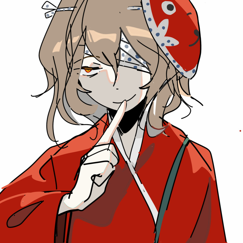1other ametsukana_yago androgynous bandage_over_one_eye closed_mouth cocopalm finger_to_mouth hair_between_eyes highres japanese_clothes kimono len&#039;en light_brown_hair long_sleeves mask mask_on_head medium_hair orange_eyes other_focus red_kimono sanpaku simple_background sketch smile solo white_background