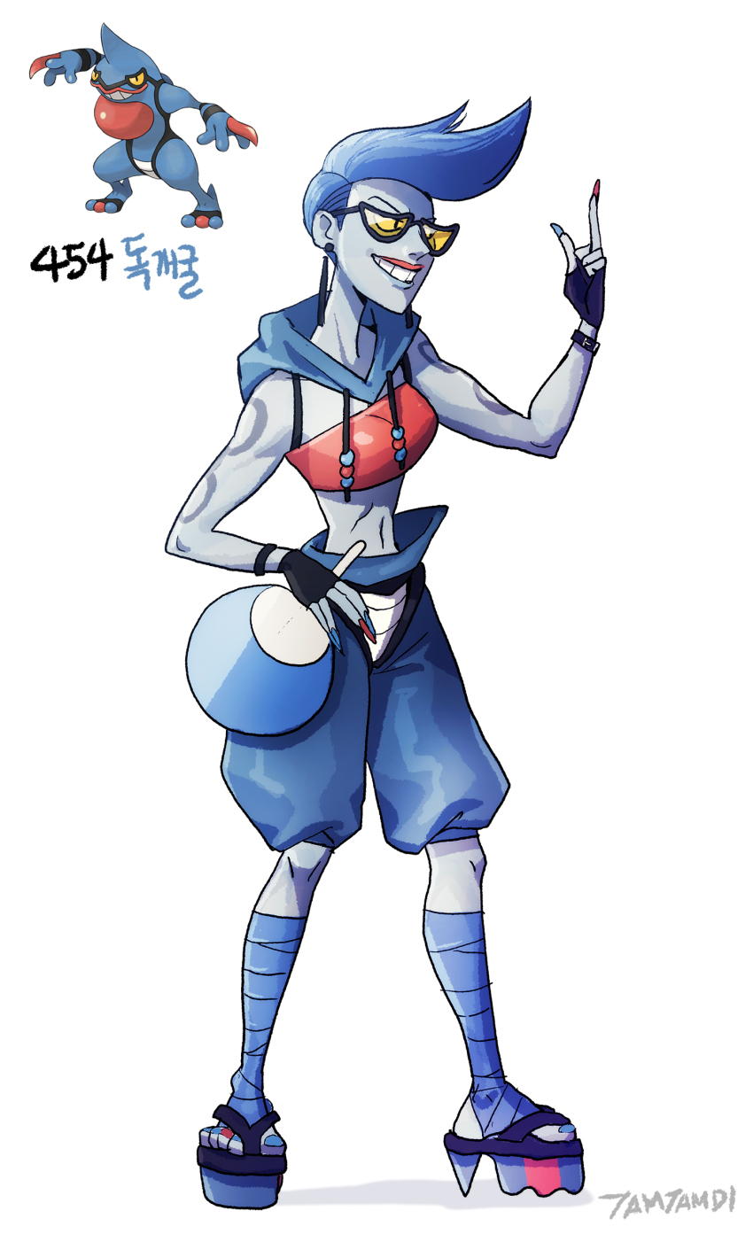 1girl absurdres black_gloves blue_eyes blue_hood blue_pants colored_skin creature_and_personification crop_top fingerless_gloves full_body game_freak gen_4_pokemon gloves grey_skin hand_fan highres holding holding_fan hood hood_down index_finger_raised nail_polish navel nintendo pants personification pokemon pokemon_(creature) red_shirt reference_inset sandals shirt short_hair signature tamtamdi tinted_eyewear toxicroak translated white_background yellow-tinted_eyewear