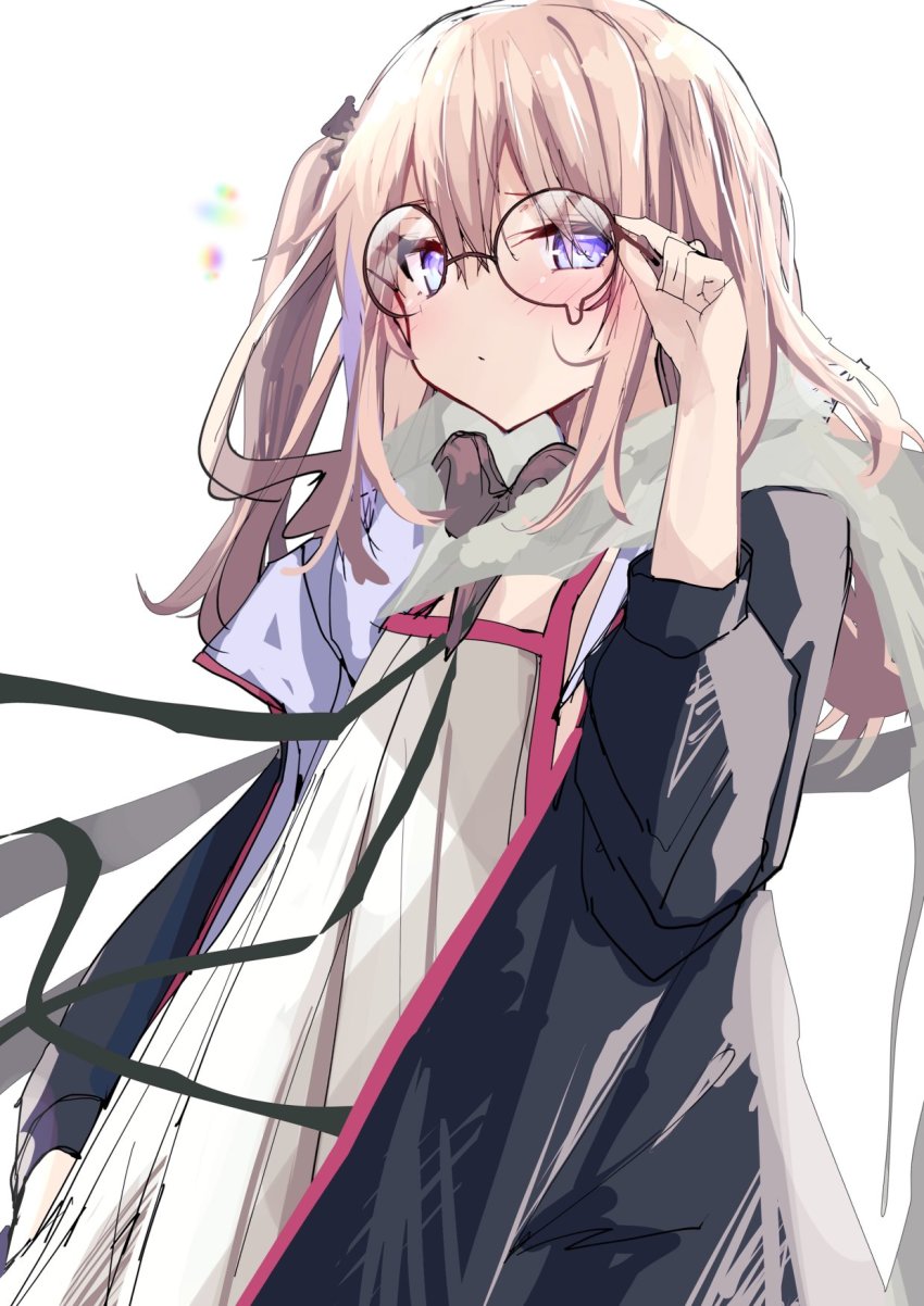 1girl adjusting_eyewear bespectacled black_necktie blue_jacket blush dress eyes_visible_through_hair girls&#039;_frontline glasses grey_scarf highres jacket kamiya_mitobe long_hair multicolored_hair necktie one_side_up pink_hair purple_eyes purple_hair round_eyewear scarf simple_background solo st_ar-15_(girls&#039;_frontline) streaked_hair teardrop-framed_glasses upper_body white_dress