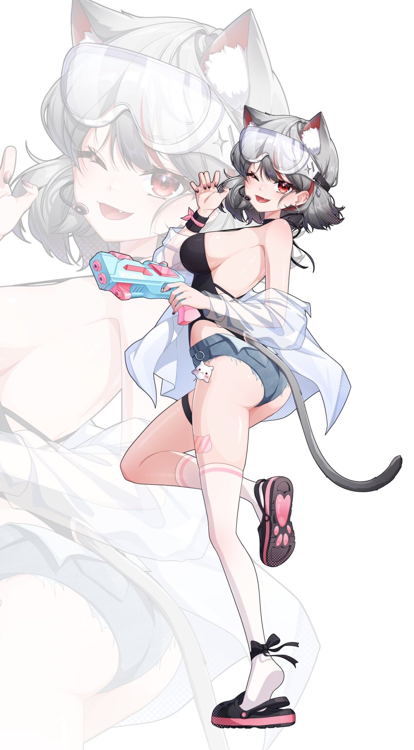 1girl absurdres ass asymmetrical_legwear bare_shoulders black_choker black_one-piece_swimsuit black_shoes breasts charachan900 character_charm charm_(object) choker claw_pose commentary cutoffs denim denim_shorts earclip earrings fang fingernails full_body goggles goggles_on_head gradient_nails grey_hair hand_up highres holding holding_water_gun jewelry kneehighs large_breasts leg_up maro_(neneko_mashiro) micro_shorts mouthpiece multicolored_hair nail_polish neneko_mashiro off_shoulder one-piece_swimsuit one_eye_closed open_mouth over-kneehighs paw_print_soles red_eyes red_streaks see-through_clothes see-through_shirt shirt shoes short_hair shorts sideboob smile socks solo stellive streaked_hair super_soaker swimsuit swimsuit_under_clothes symbol-only_commentary thigh_strap thighhighs virtual_youtuber water_gun white_background white_shirt white_socks wristband zoom_layer