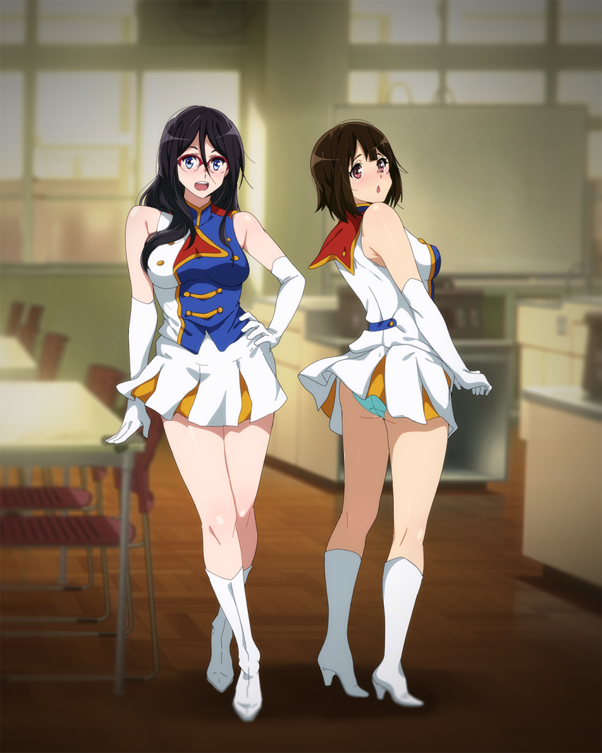 2girls :d arm_support ass band_uniform black_hair blue_eyes blue_panties boots brown_hair elbow_gloves glasses gloves hand_on_own_hip hibike!_euphonium high_heel_boots high_heels highres knee_boots long_hair multiple_girls nakaseko_kaori open_mouth panties pantyshot purple_eyes sbel02 short_hair smile standing tanaka_asuka underwear white_gloves whiteboard