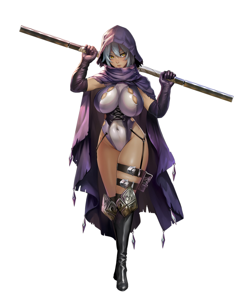 1girl aqua_hair bare_shoulders boots breasts cape cloak covered_navel curvy full_body gloves hair_ornament highleg highleg_leotard highres holding holding_weapon hood hooded_coat huge_breasts impossible_clothes impossible_leotard kurotani_kai leotard lilith-soft lips looking_at_viewer multicolored_leotard polearm rabidhowl revealing_clothes shiny_clothes shiny_skin simple_background solo taimanin_(series) taimanin_rpgx thong_leotard two-tone_leotard weapon white_background wide_hips yellow_eyes