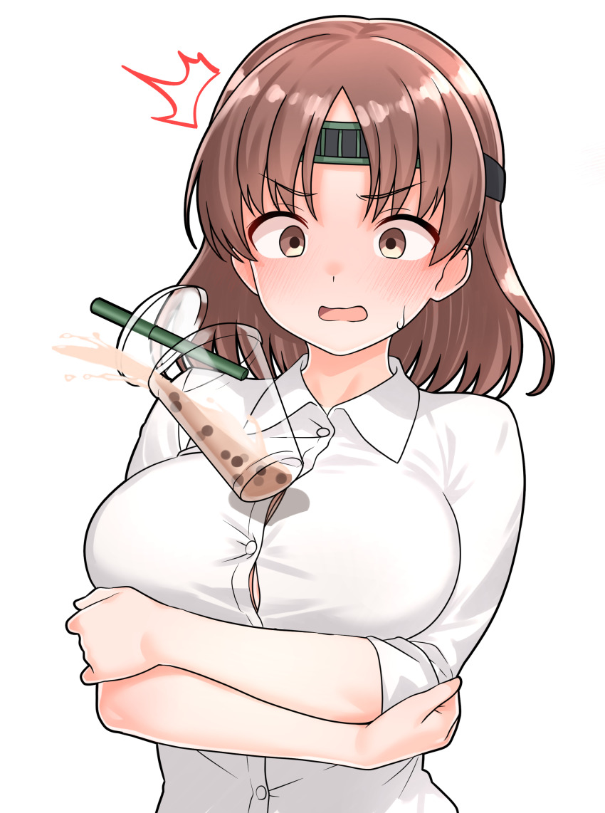 1girl absurdres breasts brown_hair bubble_tea_challenge bubble_tea_challenge_failure chiyoda_(kancolle) collared_shirt commentary_request crossed_arms cup disposable_cup drinking_straw furaggu_(frag_0416) highres kantai_collection large_breasts looking_at_viewer medium_hair notice_lines shirt simple_background sleeves_rolled_up solo upper_body variant_set white_background white_shirt