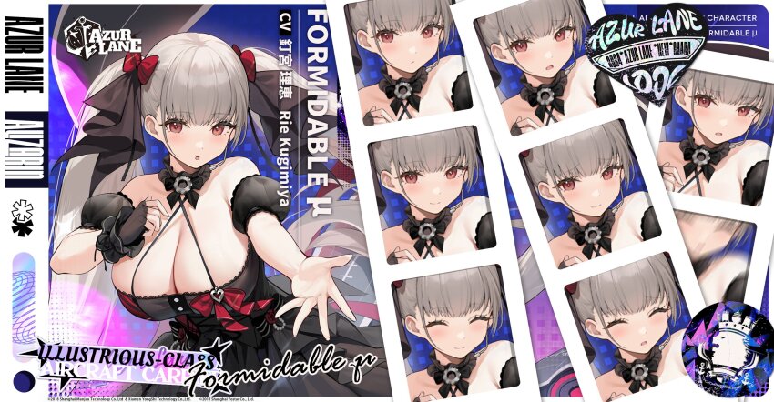 1girl azur_lane black_bow black_dress black_ribbon black_shoes blush bow breasts cleavage copyright_name copyright_notice detached_sleeves dress flight_deck floating_hair formidable_(azur_lane) formidable_(muse)_(azur_lane) frilled_dress frills full_body gloves grey_hair hair_bow hair_ornament hair_ribbon halterneck high_heels highres idol kincora large_breasts layered_dress leaning_forward logo long_hair microphone night official_alternate_costume official_art open_mouth outstretched_arm pantyhose red_eyes red_ribbon reflective_floor ribbon rigging see-through_clothes shoes sky sleeveless solo speaker stage stage_lights standing star_(sky) thighhighs twintails two-tone_dress very_long_hair white_pantyhose