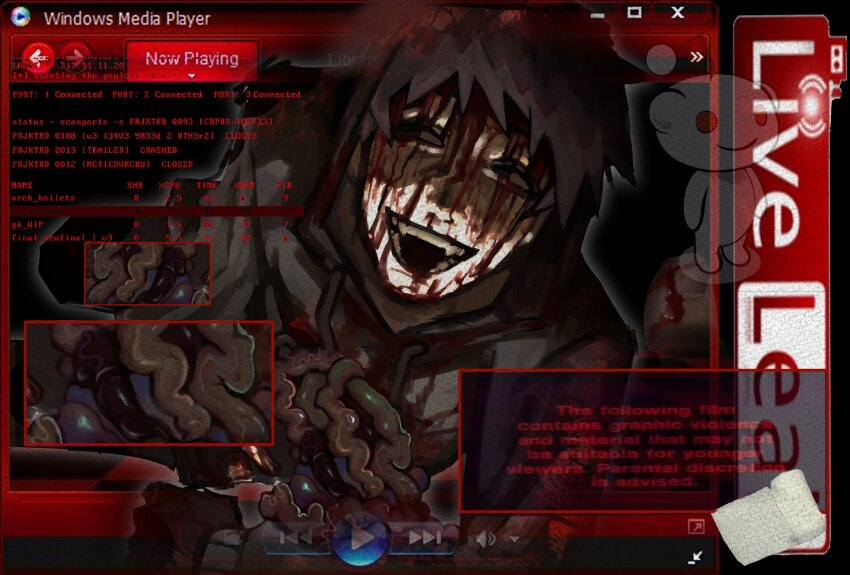 1boy absurdres arm_around_waist averting_eyes bags_under_eyes black_bow black_eyes black_hair blood blood_from_forehead blood_on_clothes blood_on_face body_horror bow crazy_grin cry_of_fear fake_screenshot fangs gauze grey_hoodie guro highres hole_on_body hood hood_up hoodie intestines ji01_jiji liveleak male_focus outline outside_border playing_with_organs reddit revealing_layer short_hair simon_henriksson_(book) solo white_outline windows_media_player zoom_layer