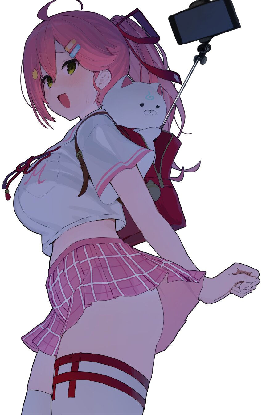 1girl 35p_(sakura_miko) absurdres ahoge backpack bag bandaid bandaid_hair_ornament blush breasts cat_hair_ornament cellphone fang green_eyes hair_between_eyes hair_ornament hair_ribbon highres hololive large_breasts long_hair official_alternate_costume open_mouth phone pink_hair pink_skirt pleated_skirt ponytail red_bag red_ribbon ribbon sailor_collar sakura_miko sakura_miko_(school_uniform) school_uniform selfie_stick serafuku short_sleeves simple_background skin_fang skirt smartphone smile sweat sweatdrop thighhighs thighs virtual_youtuber white_background white_sailor_collar white_serafuku white_thighhighs yu_yamai