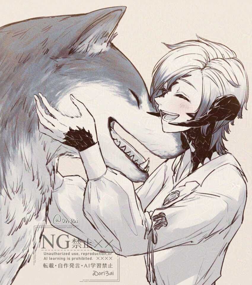 1girl animal au_ra blush breasts closed_eyes dragon_horns final_fantasy final_fantasy_xiv grey_background highres horns hug open_mouth ori3ai oversized_animal scales shirt simple_background small_breasts smile solo teeth torgal_(ff16) upper_body warrior_of_light_(ff14) white_hair white_shirt