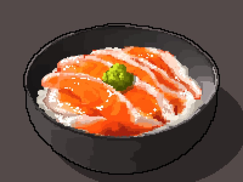 bowl eel fish_(food) food food_focus grey_background highres hisachan55cute kabayaki no_humans original pixel_art rice sashimi scenery shadow simple_background unadon_(food) wasabi