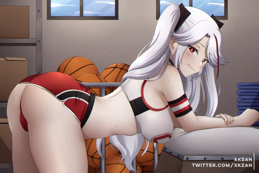 1girl ass azur_lane ball_rack bent_over breasts cameltoe closed_mouth from_side gym_uniform highres huge_ass large_breasts long_hair looking_at_viewer presenting presenting_ass prinz_eugen_(azur_lane) prinz_eugen_(brilliant_touchdown)_(azur_lane) red_eyes red_shorts short_shorts shorts smile solo sports_bra thighs twintails very_long_hair white_hair white_sports_bra xkzan