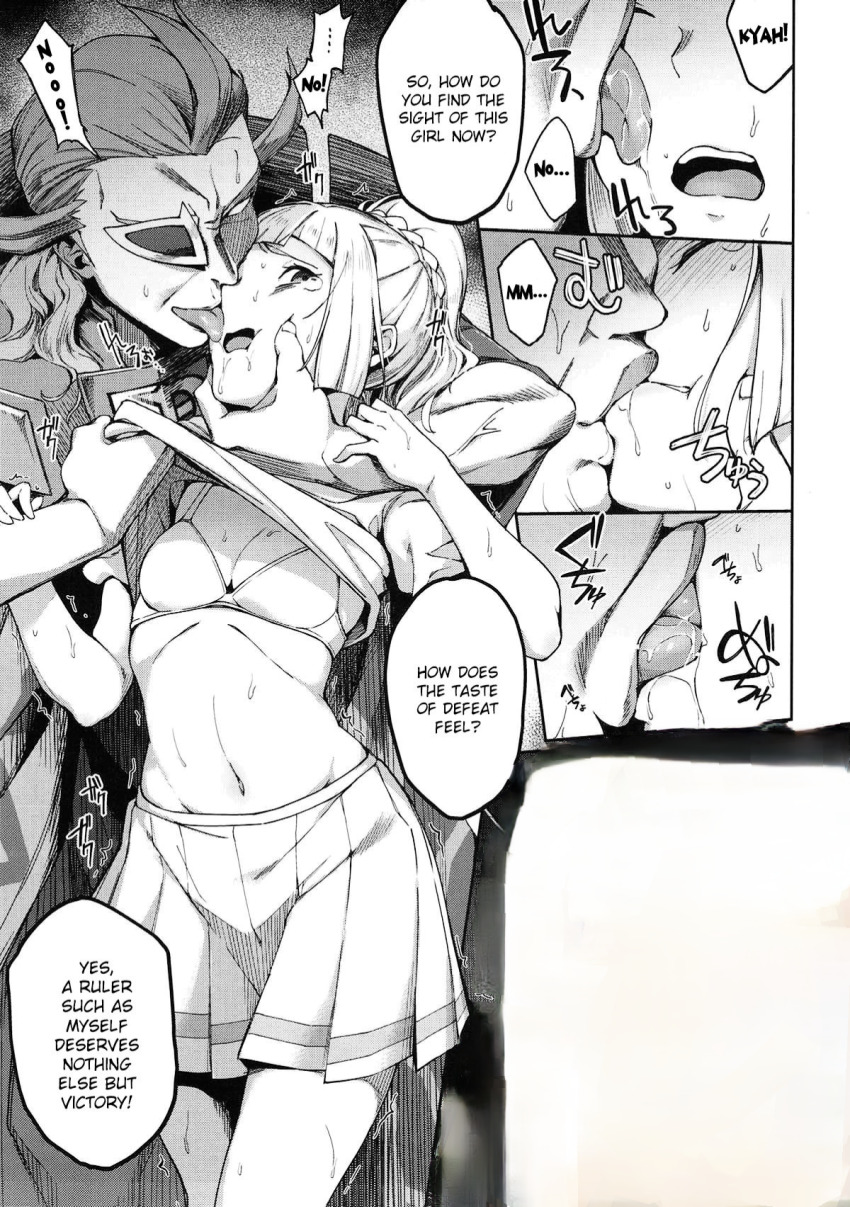 1boy 1girl blush bra braid braided_ponytail breasts child cleavage closed_eyes doujinshi english_text forced_kiss french_kiss ghetsis_(pokemon) greyscale hard-translated highres imminent_penetration imminent_rape imminent_vaginal kiss legs licking licking_another&#039;s_cheek lillie_(pokemon) long_hair looking_at_viewer manga_illustration manga_page midriff miniskirt monochrome navel nervous_sweating nintendo open_mouth pleated_skirt pokemon pokemon_bw pokemon_usum ponytail saliva saliva_trail scared school_uniform serafuku shaking short_sleeves skirt small_breasts source_request speech_bubble squeezing squeezing_cheeks stomach sugarbeat sweat sweatdrop sweaty_clothes teardrop tearing_up tears teeth thighs third-party_edit tongue translated underwear upper_teeth_only veins