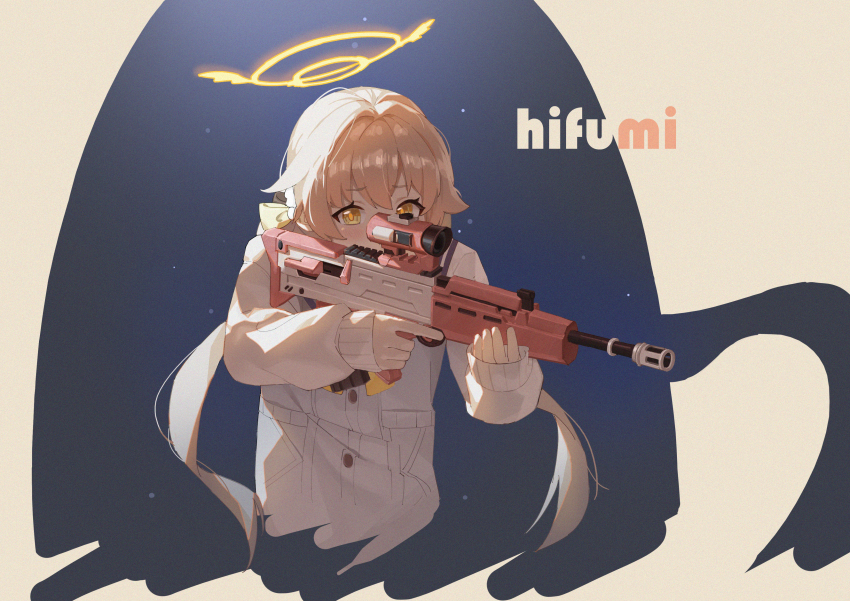 1girl absurdres aiming assault_rifle blue_archive blush bow bullpup cardigan character_name commentary covering_own_mouth cropped_torso english_commentary guan_312 gun hair_bow hair_intakes halo hifumi_(blue_archive) highres holding holding_weapon l85 light_brown_hair long_hair looking_at_viewer rifle solo twintails upper_body weapon white_cardigan winged_halo yellow_bow yellow_eyes yellow_halo