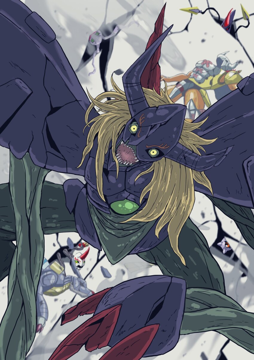 blonde_hair chrysalimon claws diablomon digimon digimon_(creature) highres horns infermon keramon kuramon looking_at_viewer metalgarurumon sharp_teeth short_hair teeth tsumemon wargreymon
