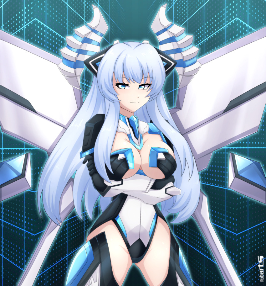 1girl absurdres arms_under_breasts artist_name axasempai blue_eyes blue_hair breasts cleavage crossed_arms highleg highleg_leotard highres horns kiseijou_rei_(goddess_form) large_breasts leotard light_smile long_hair long_sleeves mechanical_horns mechanical_wings neptune_(series) seductive_smile smile solo underboob white_leotard wings
