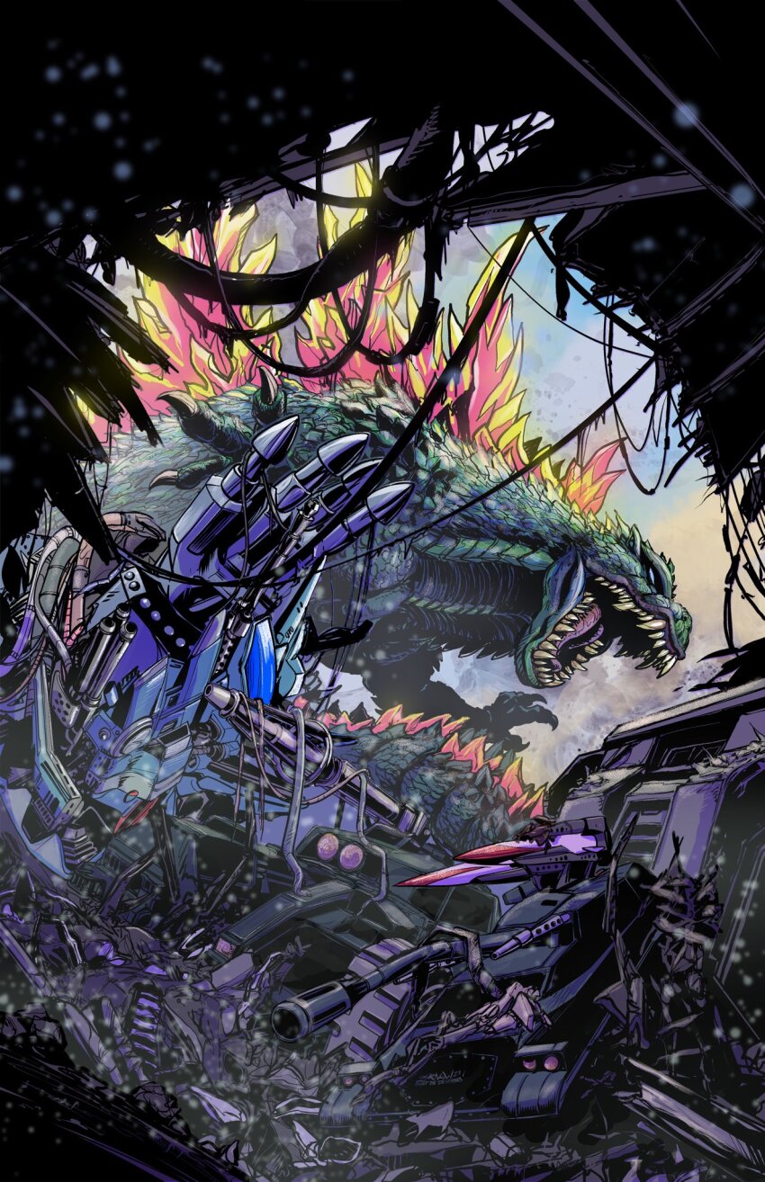 autocannon cannon claws destroy_all_monsters dinosaur directed-energy_weapon electronic_firearm energy_cannon energy_weapon gatling_gun giant giant_monster giant_robot glowing glowing_spikes godzilla godzilla_(series) godzilla_vs._biollante godzilla_vs._gigan godzilla_vs._mechagodzilla highres hybrid_tank jeff_zornow kaiju maser_cannon mbt-92 mbt-mb92 mecha mechagodzilla military military_vehicle missile missile_launcher monster motor_vehicle multipurpose_tank open_mouth robot rocket_launcher rotary_cannon sharp_teeth spikes tank teeth toho tongue weapon