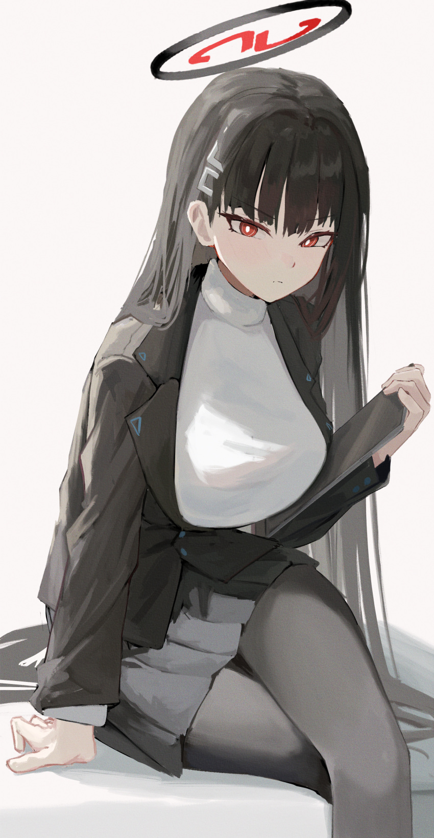 1girl absurdres arm_support black_hair black_jacket black_pantyhose black_skirt blazer blue_archive breasts bright_pupils commentary crossed_legs feet_out_of_frame haimaotuanzi halo highres holding holding_tablet_pc jacket large_breasts long_hair long_sleeves looking_at_viewer miniskirt pantyhose pleated_skirt red_eyes rio_(blue_archive) sitting skirt solo straight_hair sweater tablet_pc turtleneck turtleneck_sweater very_long_hair white_pupils white_sweater