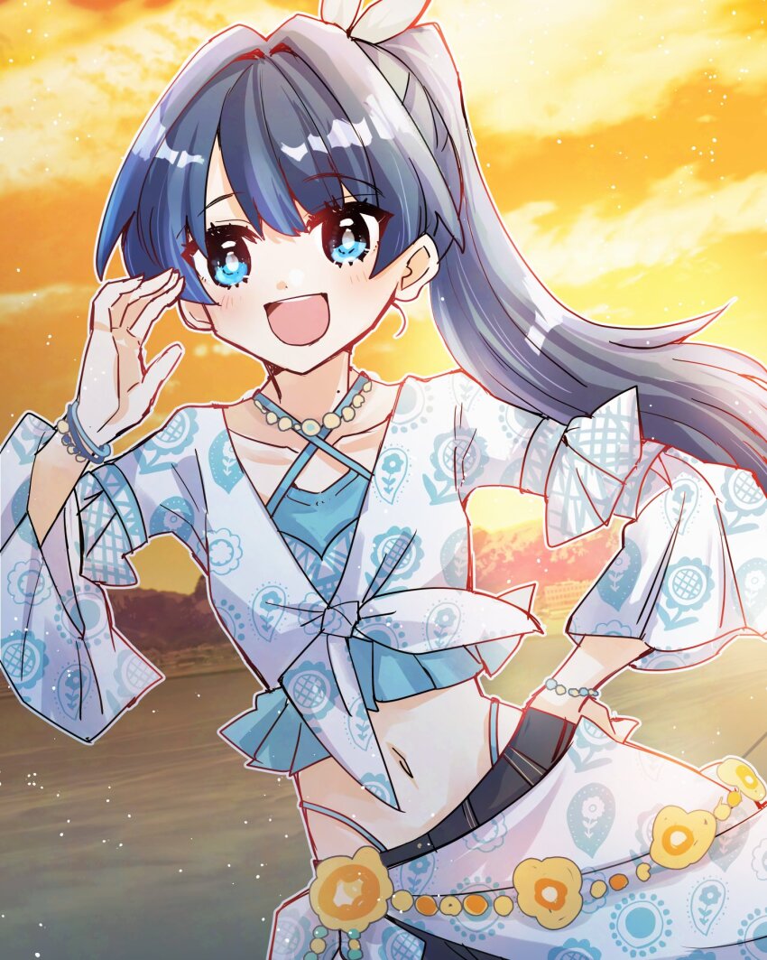 1girl :d bikini bikini_under_clothes blue_bikini blue_eyes blue_hair blush breasts cloud collarbone commentary cowboy_shot criss-cross_halter dark_blue_hair halterneck high_ponytail highleg highleg_bikini highres kanduki_kamibukuro light_particles link!_like!_love_live! lone_nape_hair long_hair looking_at_viewer love_live! midriff murano_sayaka natsumeki_pain navel official_alternate_costume official_alternate_hairstyle open_mouth ponytail shirt sky small_breasts smile solo swimsuit tied_shirt virtual_youtuber yellow_sky