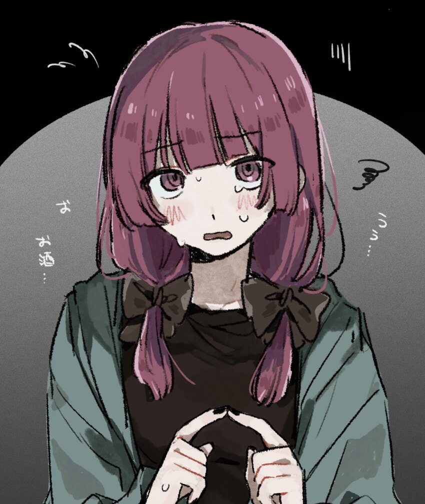 1girl aged_down black_bow black_nails black_shirt blunt_bangs blush bocchi_the_rock! bow enu_(brandnewday02) grey_jacket hair_bow highres hime_cut hiroi_kikuri jacket long_hair long_sleeves low_twintails nail_polish nerv own_fingers_together purple_eyes purple_hair shirt sidelocks solo squiggle sweat sweatdrop tearing_up translation_request twintails