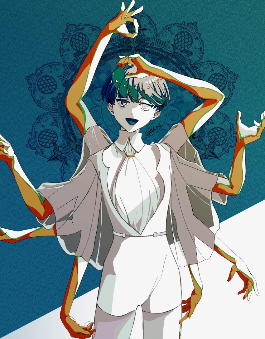 1other :d blue_eyes blue_hair collared_shirt cowboy_shot extra_arms formal_clothes golden_arms highres houseki_no_kuni looking_at_viewer moon_uniform_(houseki_no_kuni) mt5_014 necktie open_mouth other_focus phosphophyllite phosphophyllite_(ll) shirt short_hair short_shorts shorts smile solo standing suit