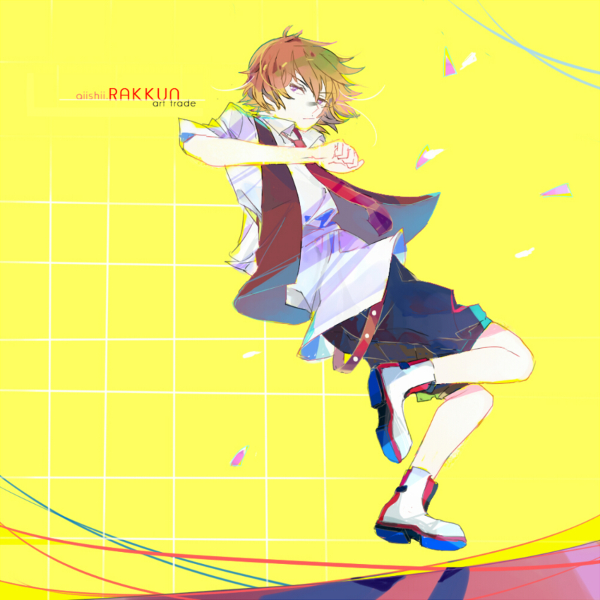 1girl aiishii ankle_boots art_trade artist_name belt blue_pants boots brown_hair capri_pants character_name commentary english_commentary foot_up grid_background highres loose_belt loose_necktie necktie original painttool_sai_(medium) pants purple_eyes rakkun_sutaru rakkun_sutaru_(old_design) red_belt red_necktie red_sweater_vest reverse_trap running shirt short_hair solo sweater_vest white_shirt yellow_background