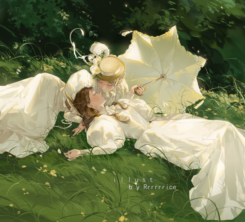 2girls artist_name brown_hair bush day dress eye_contact face-to-face flower grass hat highres holding holding_umbrella juliet_sleeves lace-trimmed_umbrella long_sleeves looking_at_another lying multiple_girls on_back on_grass on_side original outdoors parted_lips puffy_sleeves rrr_(reason) umbrella victorian white_dress yuri