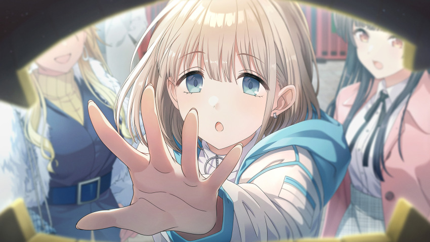 belt black_hair collared_shirt dark-skinned_female dark_skin earrings game_cg grey_hair highres hood hoodie idolmaster idolmaster_shiny_colors idolmaster_shiny_colors_song_for_prism izumi_mei jacket jewelry mayuzumi_fuyuko multicolored_hair neck_ribbon official_art open_mouth orange_eyes ribbon serizawa_asahi shirt turtleneck white_shirt zipper