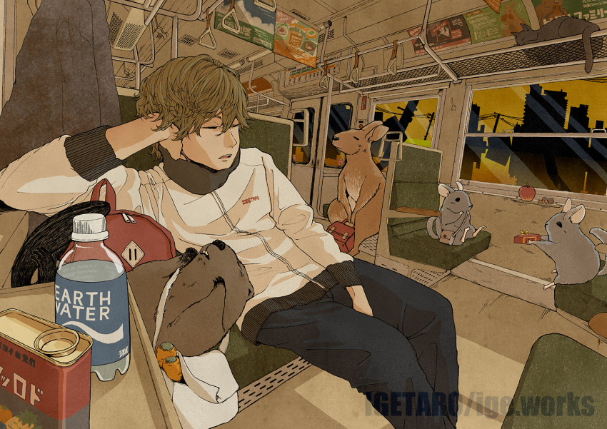 1boy animal animal_focus backpack bag beaver beaver_tail briefcase buck_teeth chinchilla_(animal) city cityscape commentary commentary_request dusk food handbag igetarou implied_hetero indoors kangaroo kangaroo_ears original overhead_line scenery school_briefcase shinkansen sleeping sleeping_upright surreal sweets tail teeth train water watermark